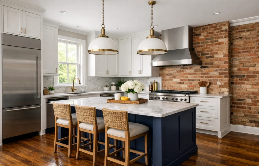 Kitchen remodeling alexandria project showing modern white cabinets marble countertops and historic exposed brick in renovated Virginia home