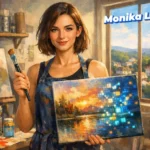 Portrait of artist Monika Leveski in her studio holding a mixed-media painting.