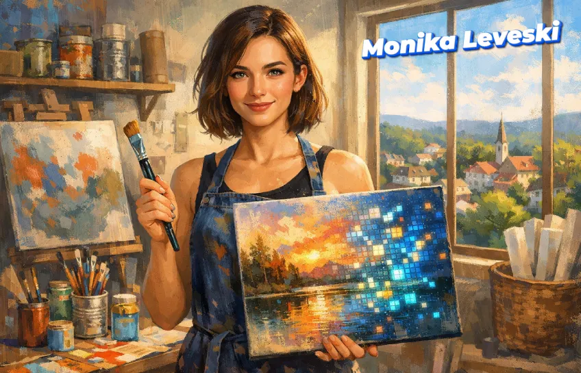 Portrait of artist Monika Leveski in her studio holding a mixed-media painting.