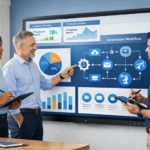 Neevista team reviewing business data dashboards and automation workflows on a large digital screen