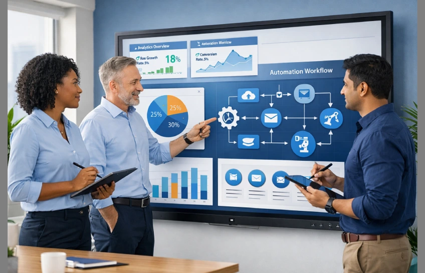 Neevista team reviewing business data dashboards and automation workflows on a large digital screen