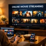 Online movie streaming on smart TV with streaming apps displayed in a modern living room setup