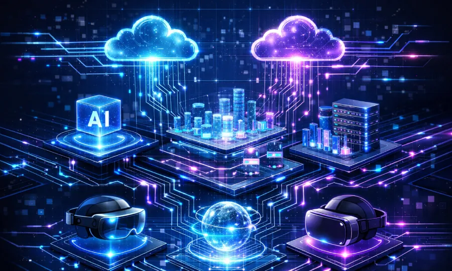 RealityKubGS digital framework illustration showing AI automation, data pipelines, and immersive experience layers interconnected