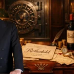 Lord Jacob Rothschild in a 19th-century banking vault with gold coins, vintage "Banking House of Rothschild" documents, and Chateau Lafite wine, illustrating the Rothschild family net worth and legacy.
