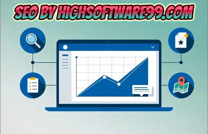 SEO by HighSoftware99.com framework showing keyword research, technical SEO, content strategy, and local SEO working together