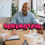 A Servantful leader listening to a diverse team in a modern office, focusing on support, collaboration, and people-first leadership.