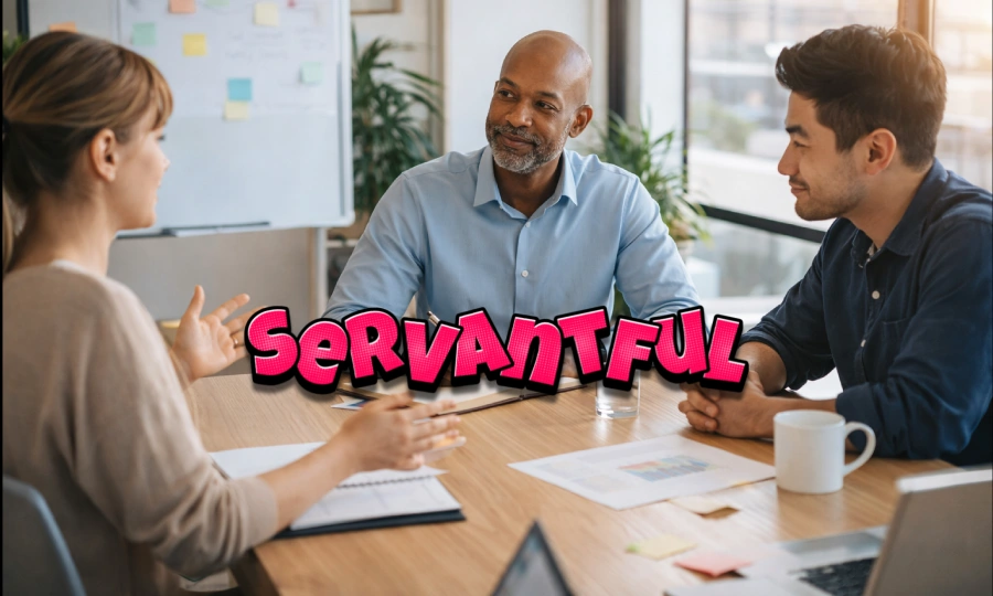 A Servantful leader listening to a diverse team in a modern office, focusing on support, collaboration, and people-first leadership.