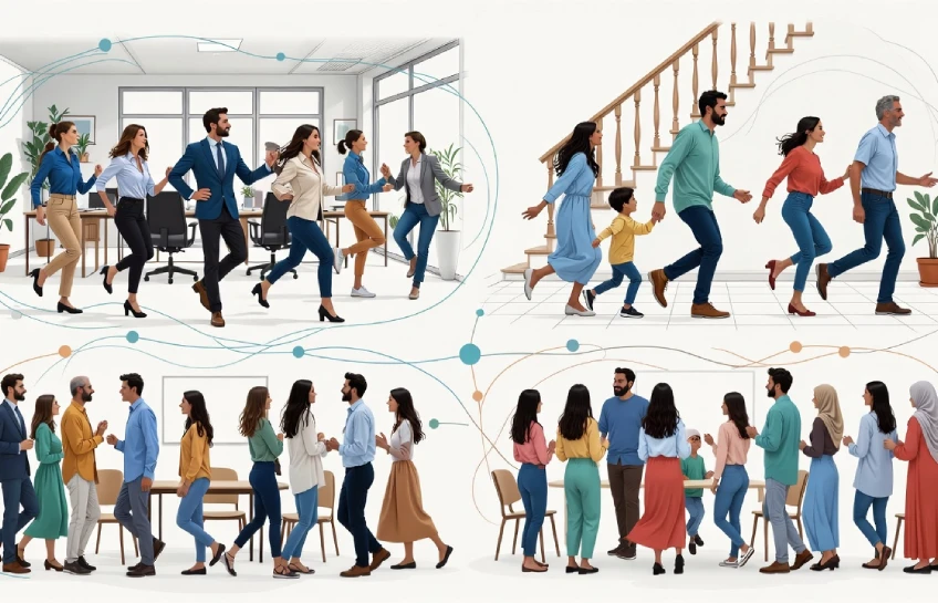 Diverse people in teams, relationships, and communities moving in synchronized alignment and achieving simbramento