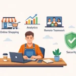 Illustration of 2026 small business trends with AI tools, online sales, remote teamwork and cybersecurity icons around a shop owner.