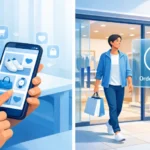 Person using a supermaked personalized shopping app on a phone while leaving a modern store.