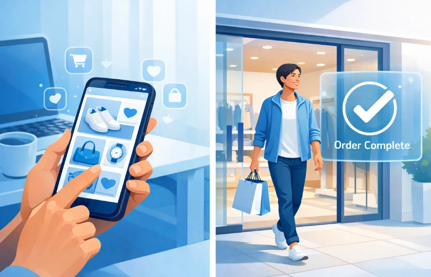 Person using a supermaked personalized shopping app on a phone while leaving a modern store.