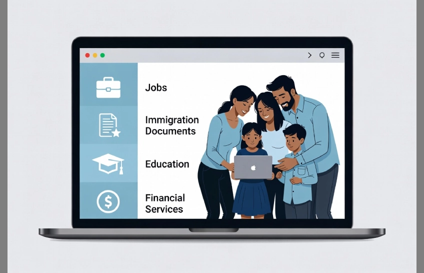 USAenlinea .com website concept showing U.S. jobs and Spanish-language services online