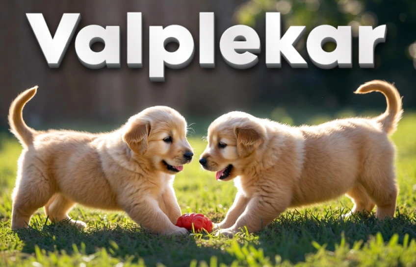 Two playful puppies practicing Valplekar socialization through structured play in a grassy backyard