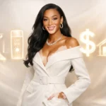 Winnie Harlow smiling in studio with icons representing her modeling career, Cay Skin brand, real estate, and wealth.