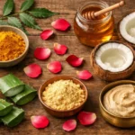 Natural beauty tips well health organic ingredients including turmeric, neem, honey, coconut oil and ayurvedic remedies for glowing skin
