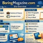 boringmagazine.com site overview infographic showing topics, content style, navigation, revenue model and trust analysis