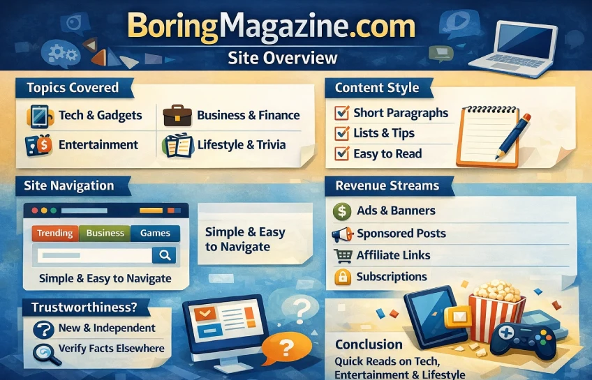 boringmagazine.com site overview infographic showing topics, content style, navigation, revenue model and trust analysis