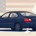 Car accident law comparison illustration showing US and UK vehicles, documents, and Official Injury Claim portal interface, split composition with flag motifs.