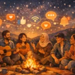 Diverse community gathering representing ciulioneros traditions and online connections