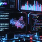 Futuristic digital interface showing code etruesports and tech programming scripts for developers and gamers.