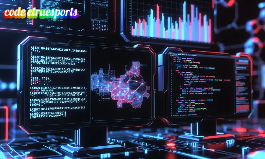 Futuristic digital interface showing code etruesports and tech programming scripts for developers and gamers.