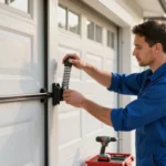 Experienced technician inspecting residential garage door springs and tracks during Columbus garage door repair service