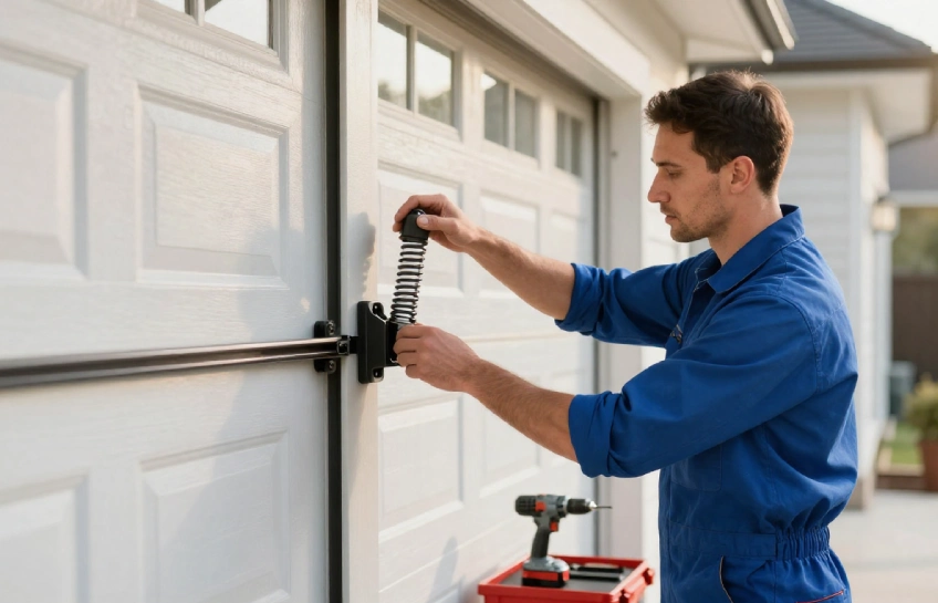Experienced technician inspecting residential garage door springs and tracks during Columbus garage door repair service
