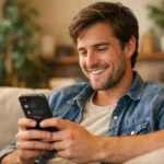 Person smiling while scrolling social media on phone, learning about erothto slang meaning in casual home setting