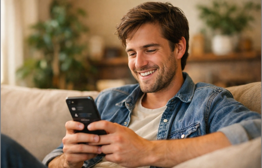 Person smiling while scrolling social media on phone, learning about erothto slang meaning in casual home setting