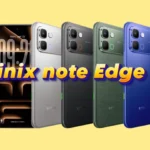 Infinix Note Edge 5G shown in multiple color options including green, black, silver, and blue with bold “infinix note Edge 5g” title overlay.