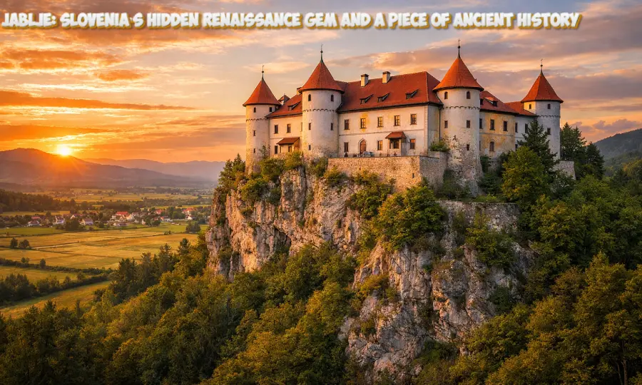 The historic Jablje Castle in Slovenia featuring Renaissance architecture and stone towers.