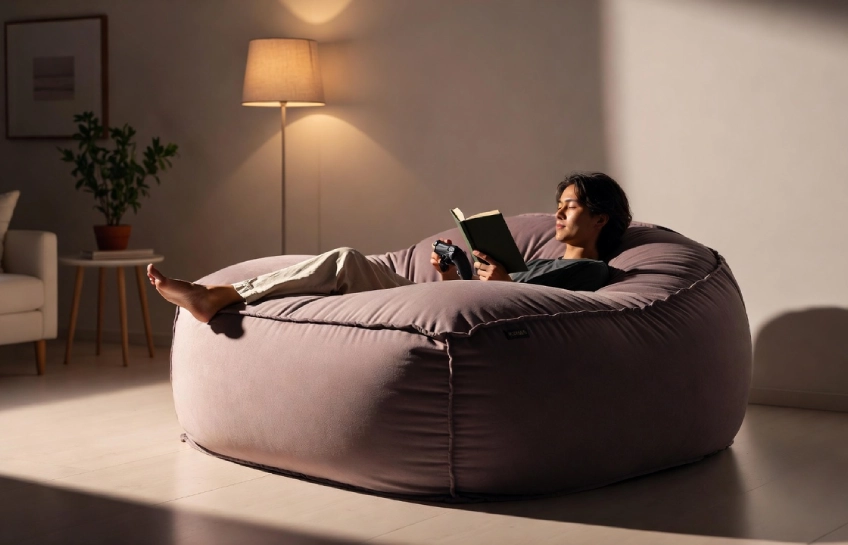 Person relaxing on a koshio bean bag in a modern living room with cozy decor.
