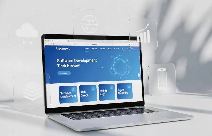 kracensoft.com review showing software guides, tool comparisons, and tech blog on laptop screen