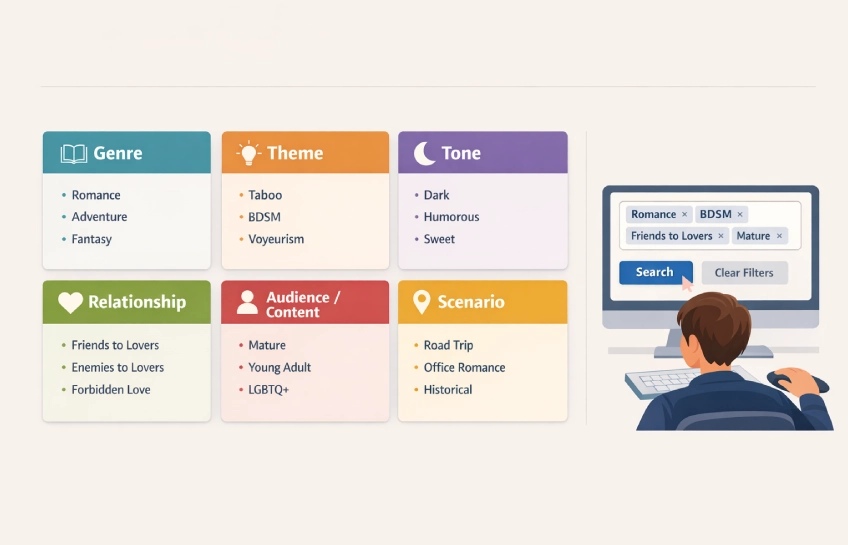 Diagram showing literoticatags categories including genre, theme, tone, relationship types, and audience content filters for story organization