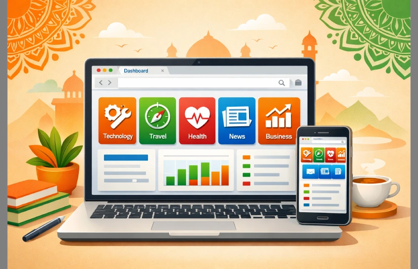 Maxxfour.com multi-niche digital platform displaying various content categories including tech, travel, health, and business on laptop screen