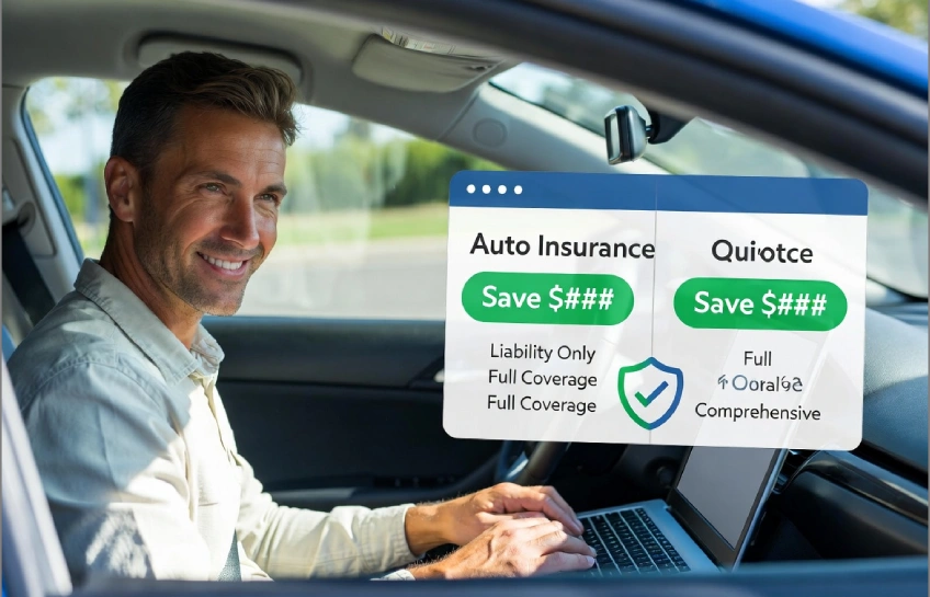 Person comparing mywebinsurance.com auto insurance quotes on laptop in car