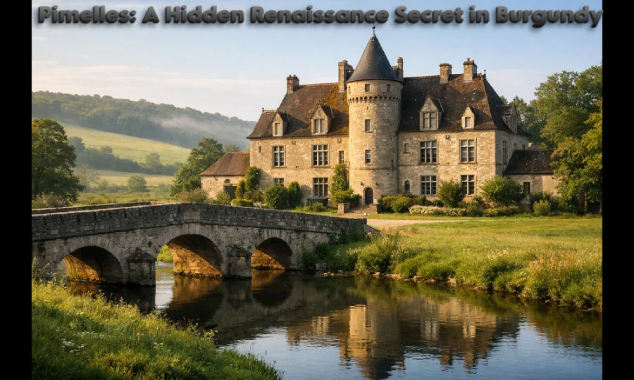 The historic 18th-century stone bridge and Renaissance manor in the village of Pimelles, France.