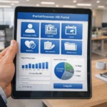 Portalrhrenner HR portal interface dashboard showing payroll, leave request, benefits, and secure document storage options for Renner employees