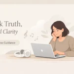 Homepage concept of the songoftruth org with a person reading articles and listening to meaningful music online.