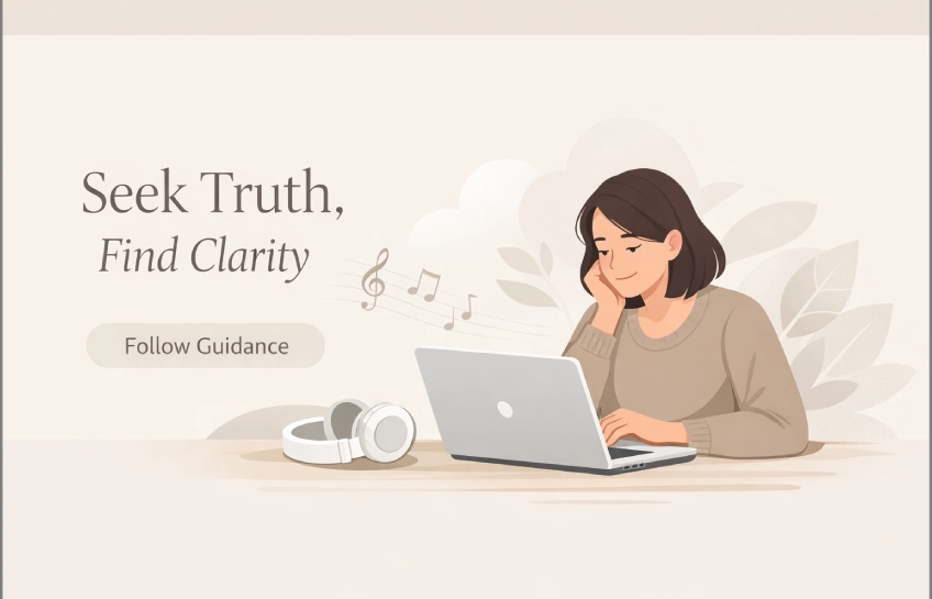 Homepage concept of the songoftruth org with a person reading articles and listening to meaningful music online.
