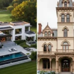 Split view comparing the modern Victoria Mars House in Pennsylvania with the historic Victoria Mansion in Maine.