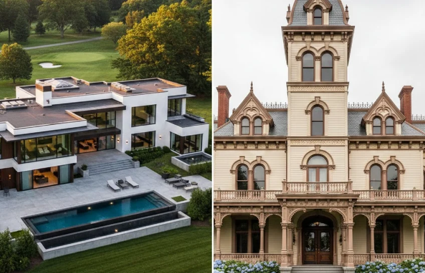 Split view comparing the modern Victoria Mars House in Pennsylvania with the historic Victoria Mansion in Maine.