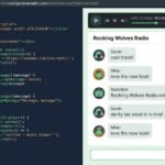 Browser showing view-source of Rocking Wolves Radio chatroom HTML code alongside the live chat interface