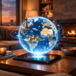 A digital hologram of the Earth showing 3D landmarks for virtual globetrotting on a tablet.