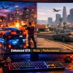 Enhanced Wheon Grand Theft Auto gameplay showing GTA 5 mods with improved graphics, better lighting, and custom vehicles compared to standard version