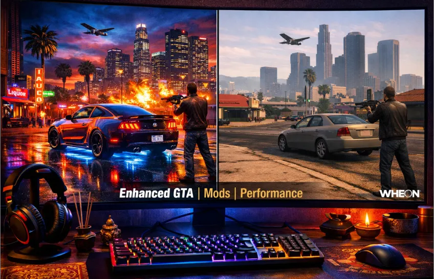 Enhanced Wheon Grand Theft Auto gameplay showing GTA 5 mods with improved graphics, better lighting, and custom vehicles compared to standard version