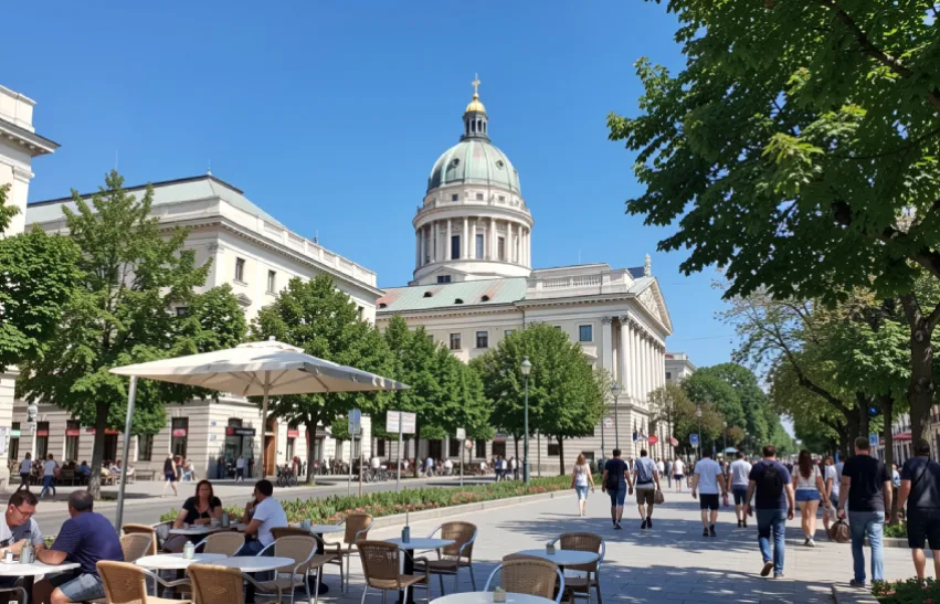 Маријин трг central square in Belgrade showing the National Assembly building dome, historic neo-classical architecture, outdoor cafés, and pedestrians walking through the public square