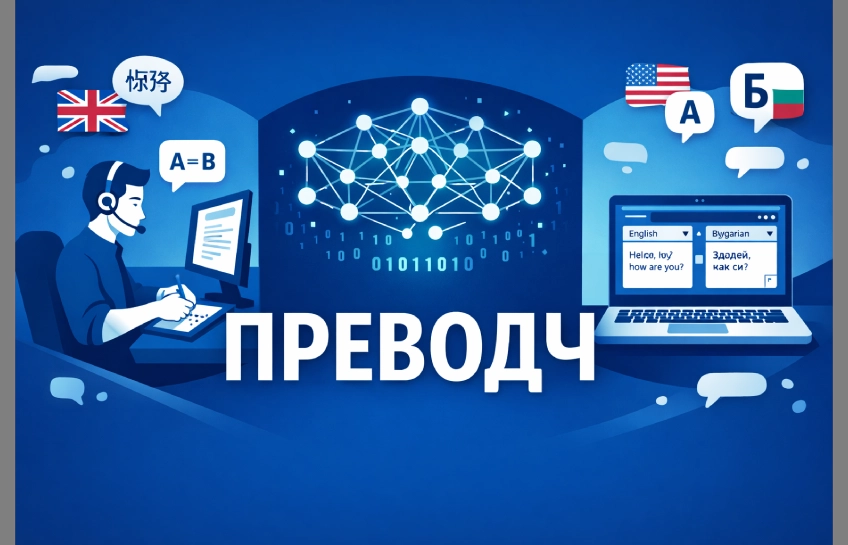 Infographic showing преводч (Bulgarian translator) concept with icons representing human translators, AI translation software, language symbols, and comparison between machine and professional translation services