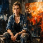 Carmela Clouth contemporary artist working with bold mixed media paintings in her studio