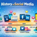 History of Social Media timeline showing the evolution from early online communities to modern platforms like Facebook, Instagram, and TikTok